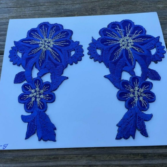 Iron On Patches Blue Embroidery Applique Flower Pattern Shape Craft Set of 2 - Picture 7 of 8